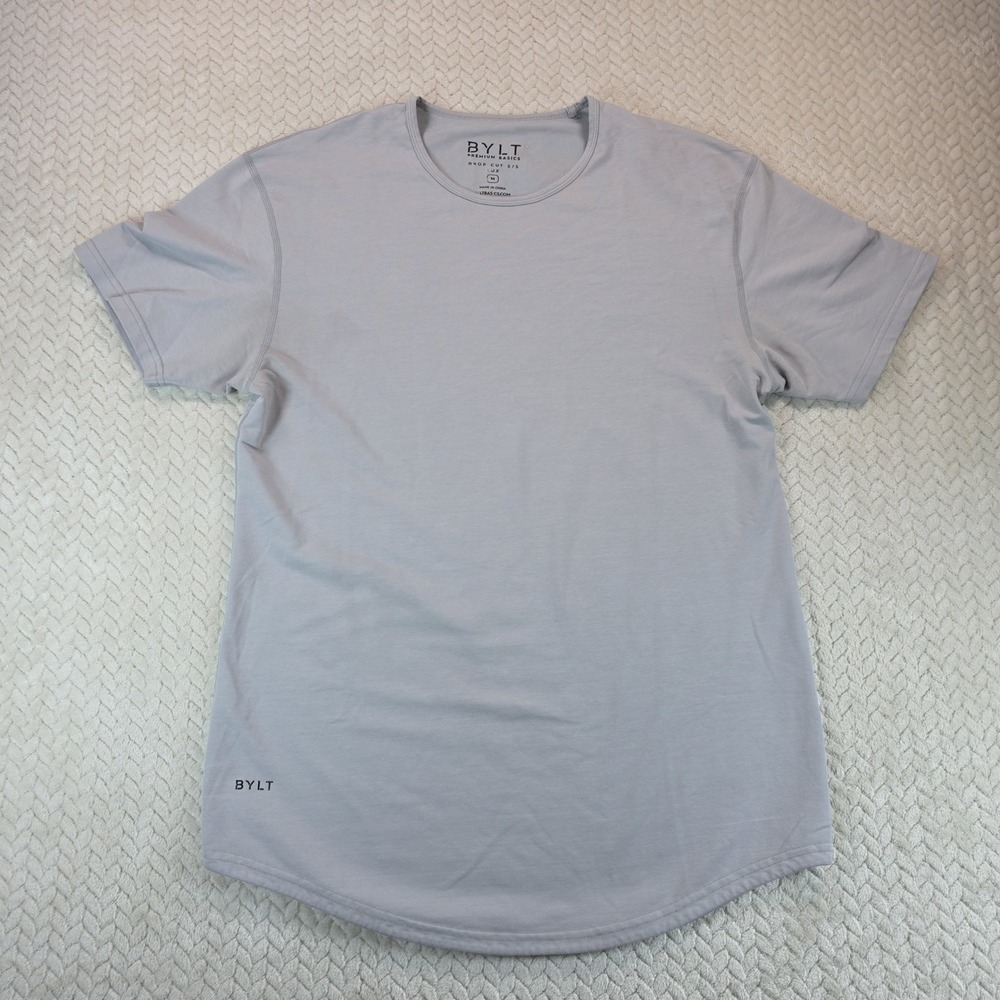 BYLT Premium Basics Mens Drop Cut Short Sleeve Shirt Grey Size M Curved Hem